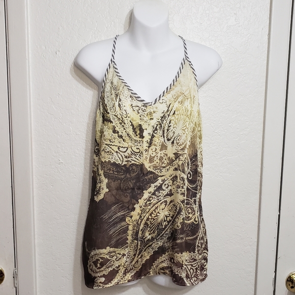 Tops - Women's Abstract Print V-Neck Spaghetti Striped T-Back Polyester Small Tank Top